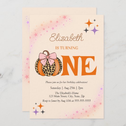 ピンクボウヒョウかぼちゃガール1st誕生日 招待状 (正面/裏面)