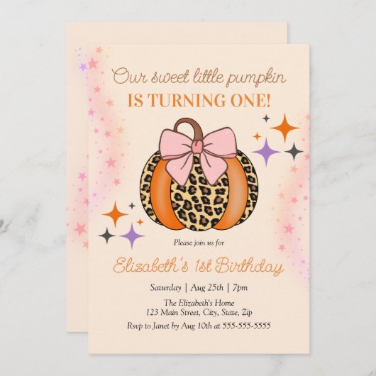 ピンクボウヒョウ小さな甘いカボチャ誕生日 招待状 (正面/裏面)