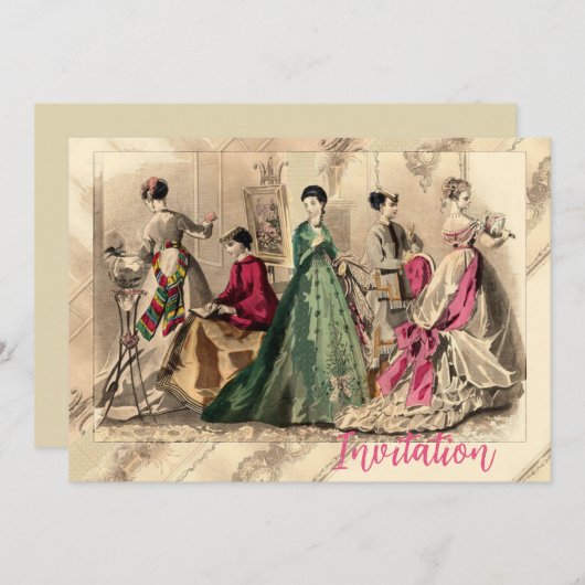 ピンクボウビクトリアン招待状付きドレス 招待状 (正面/裏面)