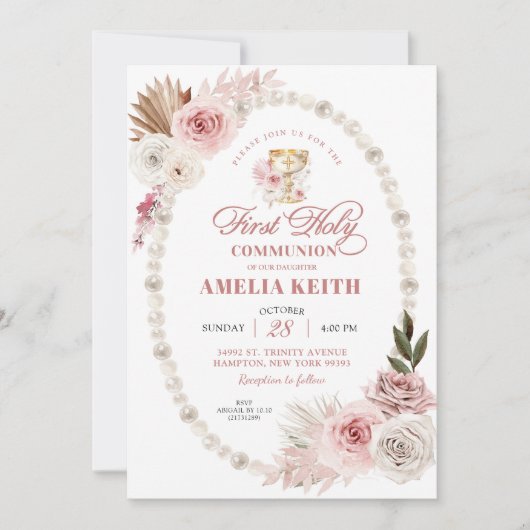 ピンクボウピアスファースト・ホーリー・コミューン《キリスト教》洗礼式や命名式 招待状 (正面)
