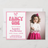 ピンクボウファンシーワンコケット女子1歳の誕生日 招待状 (正面)
