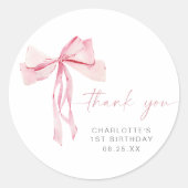 ピンクボウファースト誕生日ラウンドステッカー赤面リボン ラウンドシール (正面)