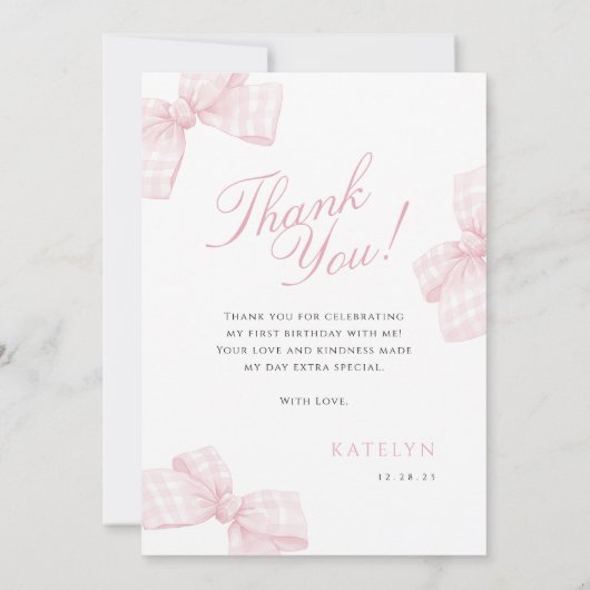 ピンクボウファースト誕生日写真サンキューカード サンキューカード (裏面)