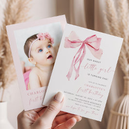 ピンクボウファースト誕生日招待状フォトコケット 招待状