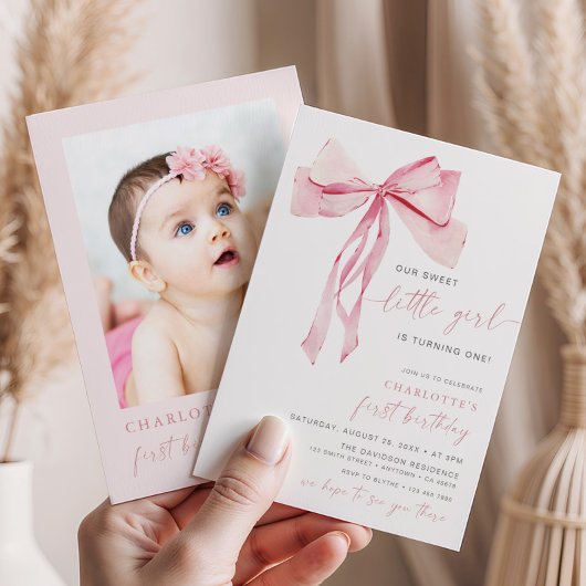 ピンクボウファースト誕生日招待状フォトコケット 招待状