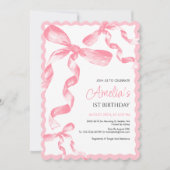 ピンクボウファースト誕生日招待状、ワン誕生日 招待状 (正面)