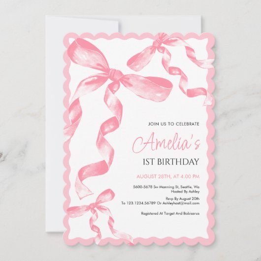 ピンクボウファースト誕生日招待状、ワン誕生日 招待状 (正面)