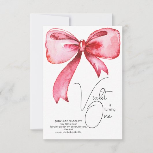 ピンクボウファースト誕生日招待状 招待状 (正面)