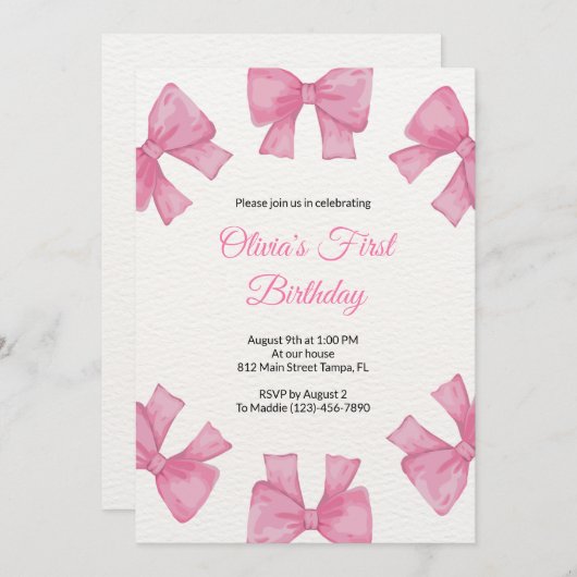 ピンクボウファースト誕生日招待状 招待状 (正面/裏面)