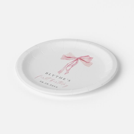 ピンクボウファースト誕生日紙プレートガール赤面 ペーパープレート (アングル)