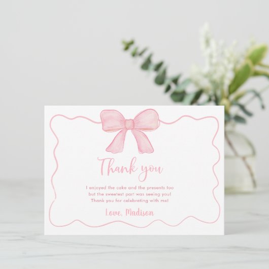 ピンクボウファースト誕生日 サンキューカード (スタンド正面)