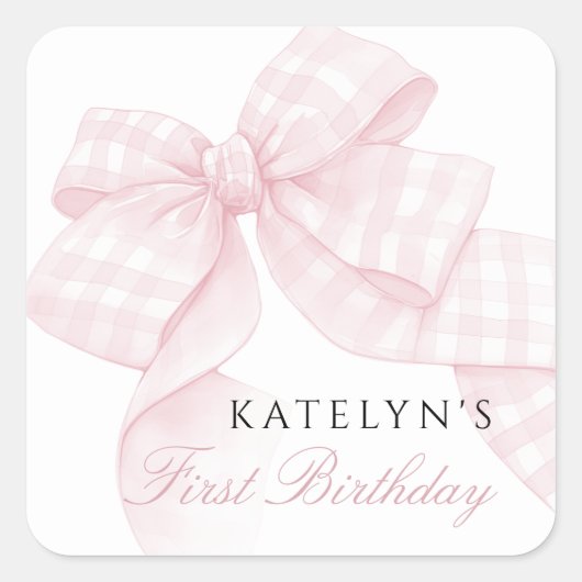 ピンクボウファースト誕生日 スクエアシール (正面)