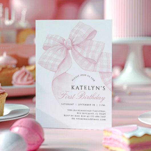 ピンクボウファースト誕生日 招待状