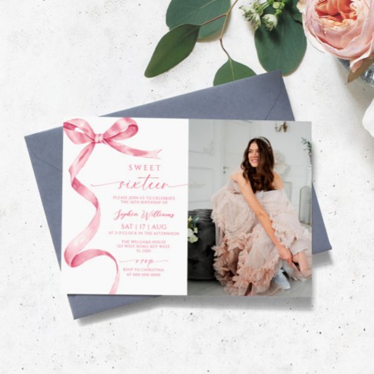ピンクボウフォトスイーツ16誕生日招待状 招待状