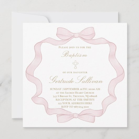 ピンクボウフレーム | バプテスマ招待状 招待状 (正面)