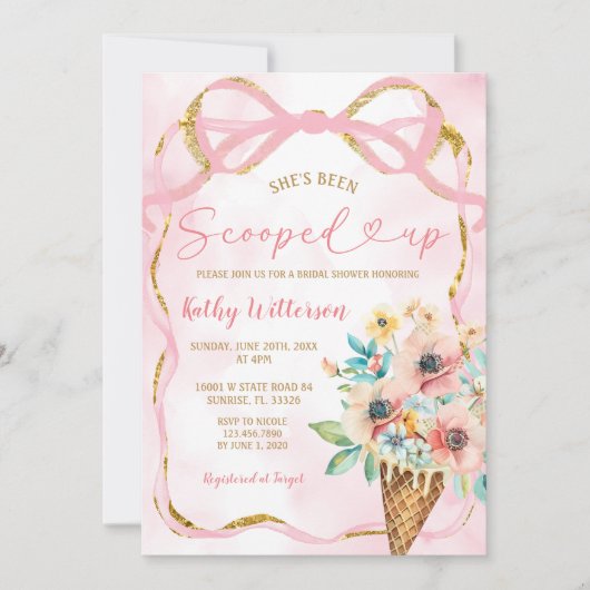 ピンクボウフローラアイスクリームスコップブライダルシャワー 招待状 (正面)