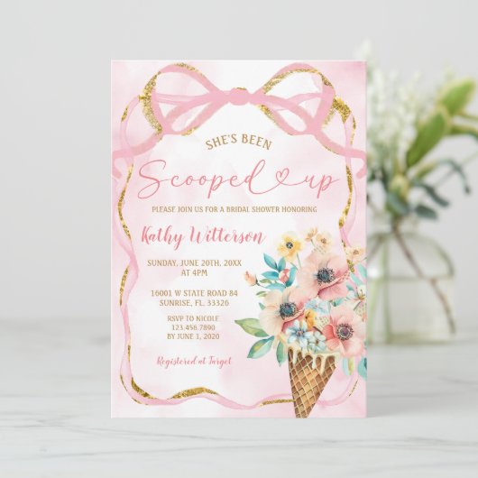 ピンクボウフローラアイスクリームスコップブライダルシャワー 招待状 (スタンド正面)