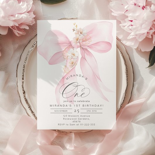 ピンクボウフローラガール1st BIrthdayパーティー 招待状