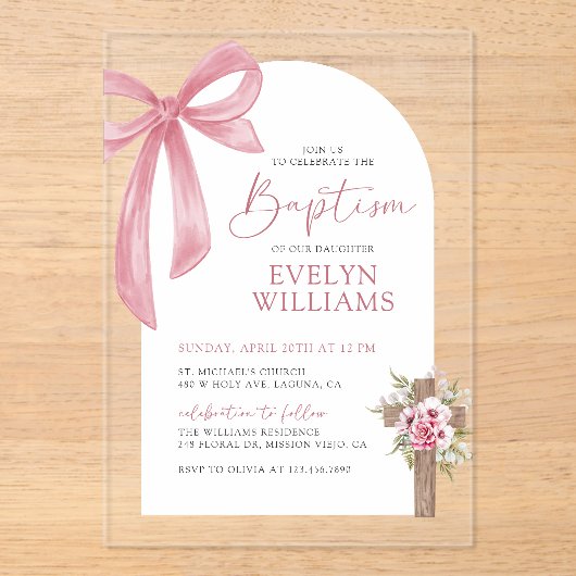 ピンクボウフローラクロスガールバプテスマ&《キリスト教》洗礼式や命名式 アクリル招待状 (正面)