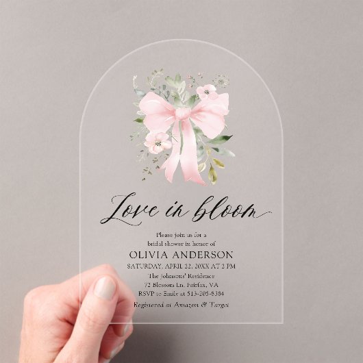 ピンクボウフローララブイン開花アーチブライダルシャワー アクリル招待状 (インサイチュ (ポータブル))