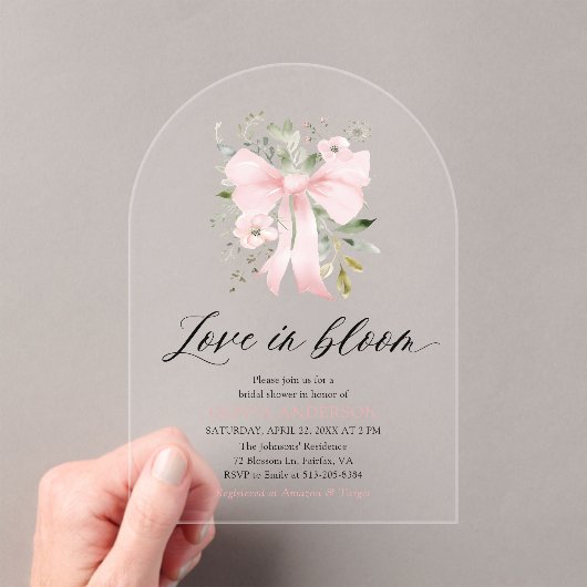 ピンクボウフローララブイン開花アーチブライダルシャワー アクリル招待状 (インサイチュ (ポータブル))
