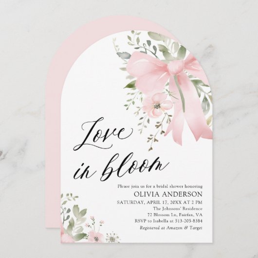 ピンクボウフローララブイン開花アーチブライダルシャワー 招待状 (正面/裏面)