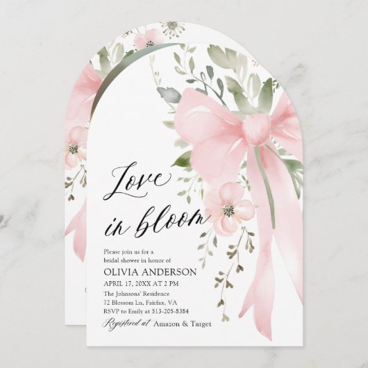 ピンクボウフローララブイン開花アーチブライダルシャワー 招待状 (正面/裏面)