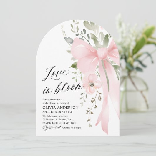 ピンクボウフローララブイン開花アーチブライダルシャワー 招待状 (スタンド正面)