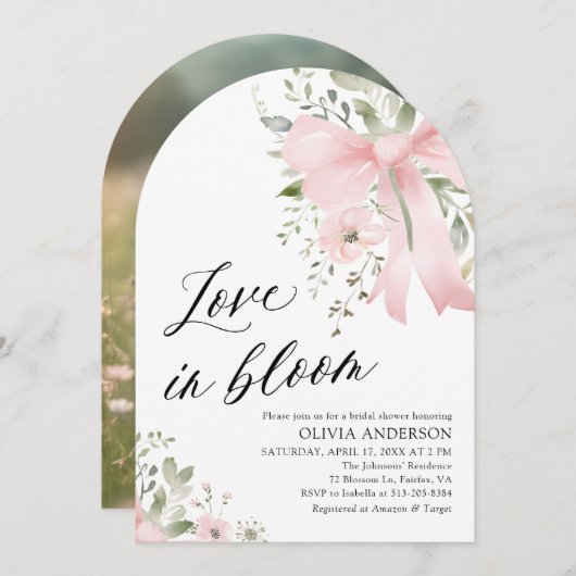 ピンクボウフローララブイン開花アーチブライダルシャワー 招待状 (正面/裏面)