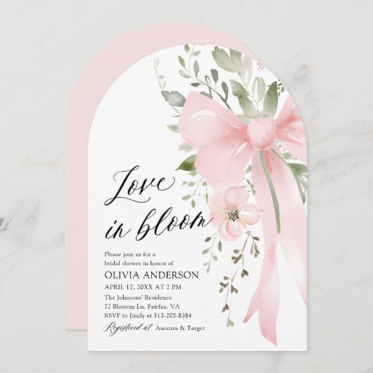 ピンクボウフローララブイン開花アーチブライダルシャワー 招待状 (正面/裏面)