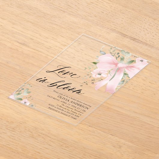 ピンクボウフローララブイン開花ブライダルシャワー アクリル招待状 (レイダウン)
