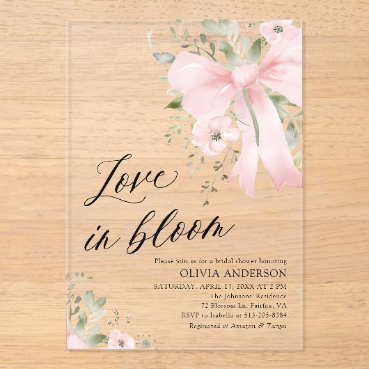 ピンクボウフローララブイン開花ブライダルシャワー アクリル招待状 (正面)