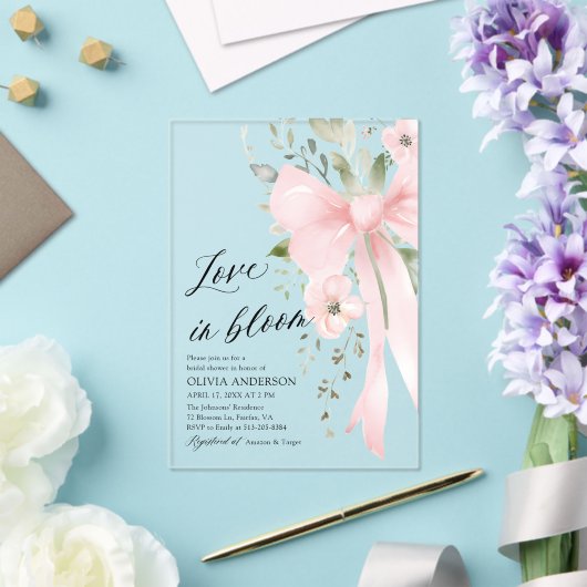ピンクボウフローララブイン開花ブライダルシャワー アクリル招待状 (インサイチュ (ウェディング))