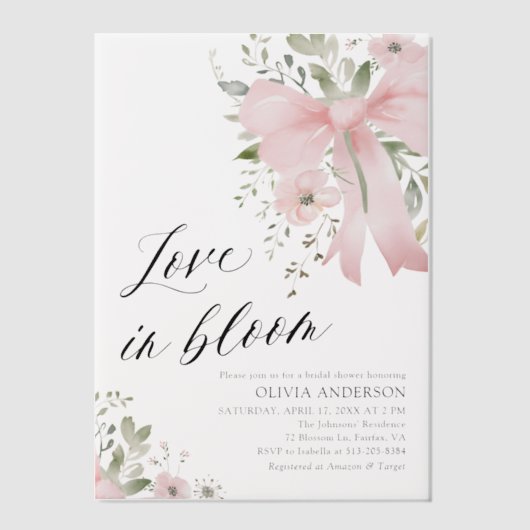 ピンクボウフローララブイン開花ブライダルシャワー ベラム紙招待状 (正面)