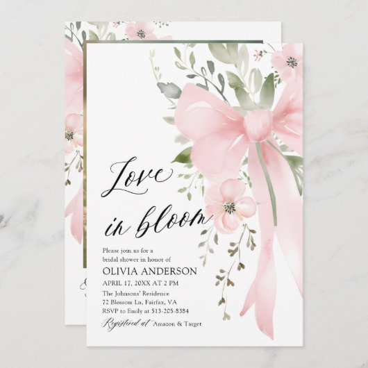 ピンクボウフローララブイン開花ブライダルシャワー 招待状 (正面/裏面)