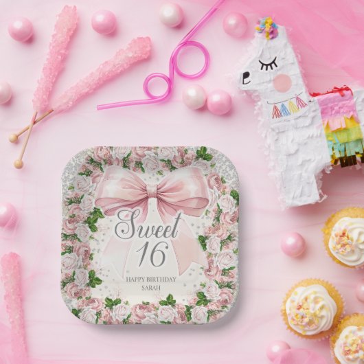 ピンクボウフローラヴィンテージコケットスウィート16 ペーパープレート (パーティー)