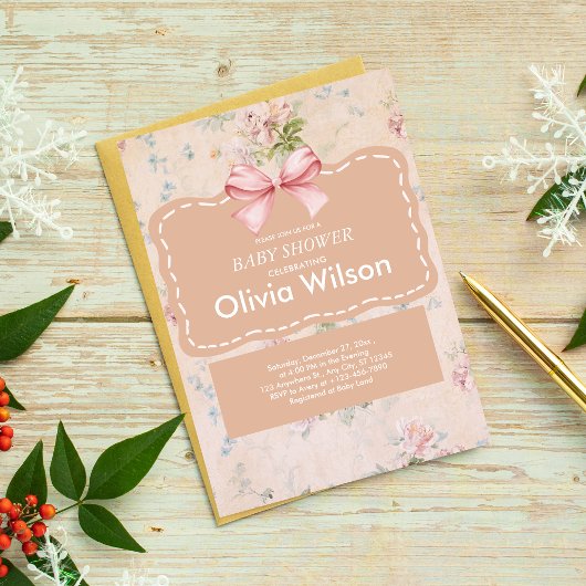 ピンクボウフローラヴィンテージボホベイビーシャワー 招待状