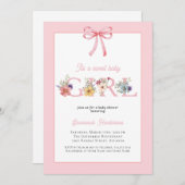 ピンクボウフローラ女の子ベビーシャワー 招待状 (正面/裏面)
