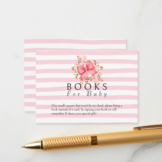 ピンクボウフローラ水色ベビーシャワー エンクロージャーカード (正面/裏面インサイチュ)