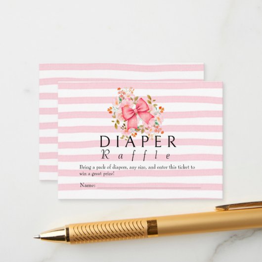 ピンクボウフローラ水色ベビーシャワー エンクロージャーカード (正面/裏面インサイチュ)