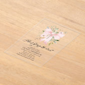 ピンクボウフローラ結び目ブライダルシャワー アクリル招待状 (レイダウン)