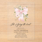 ピンクボウフローラ結び目ブライダルシャワー アクリル招待状 (正面)