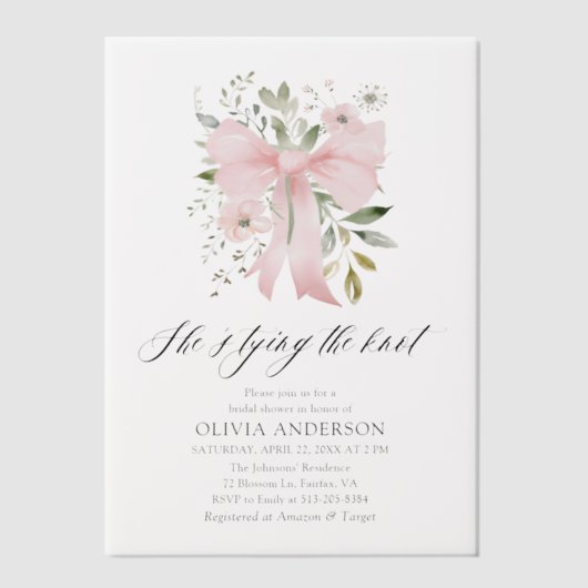 ピンクボウフローラ結び目ブライダルシャワー ベラム紙招待状 (正面)