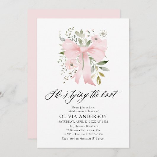 ピンクボウフローラ結び目ブライダルシャワー 招待状 (正面/裏面)