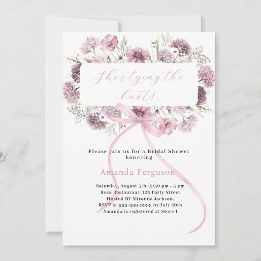 ピンクボウフローラ結び目ブライダルシャワー 招待状 (正面)