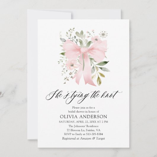 ピンクボウフローラ結び目ブライダルシャワー 招待状 (正面)