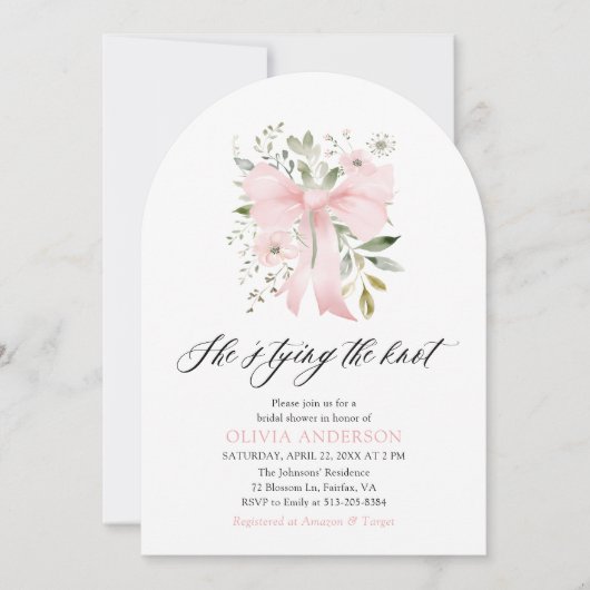 ピンクボウフローラ結び目ブライダルシャワー 招待状 (正面)