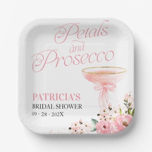 ピンクボウフローラ花びらとプロセッコブライダルシャワー ペーパープレート (正面)