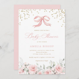 ピンクボウフローラ赤面緑の金ゴールド赤ちゃんシャワー 招待状