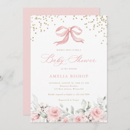 ピンクボウフローラ赤面緑の金ゴールド赤ちゃんシャワー 招待状 (正面/裏面)